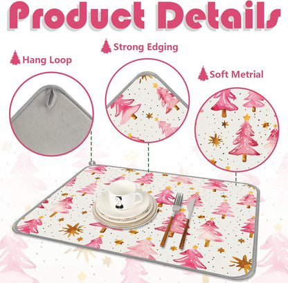 JarThenaAMCS Christmas Dish Drying Mat Dots Pink Xmas Tree Absorbent Dish Drainer Protector Pad Winter Dry Mat for Kitchen Countertop Tableware Decor, 18 x 24 Inch