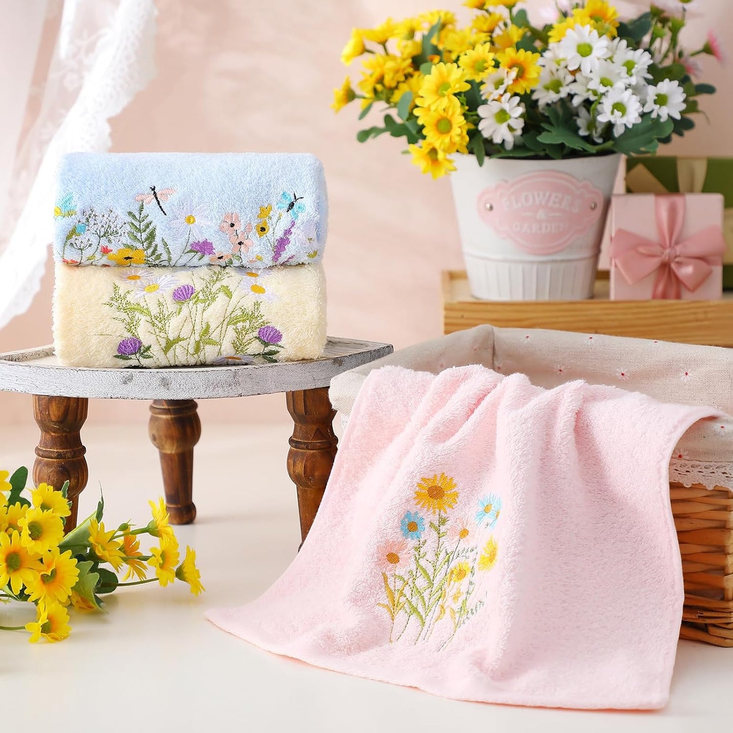 Tingjoo 3 Pcs Pastel Wildflower Hand Towels Pink Blue Yellow Wildflower Floral Bath Towels 14x29 Inch Soft Cute Flower Washable Embroidered Decorative Spring Summer Cotton Decor for Bathroom Kitchen