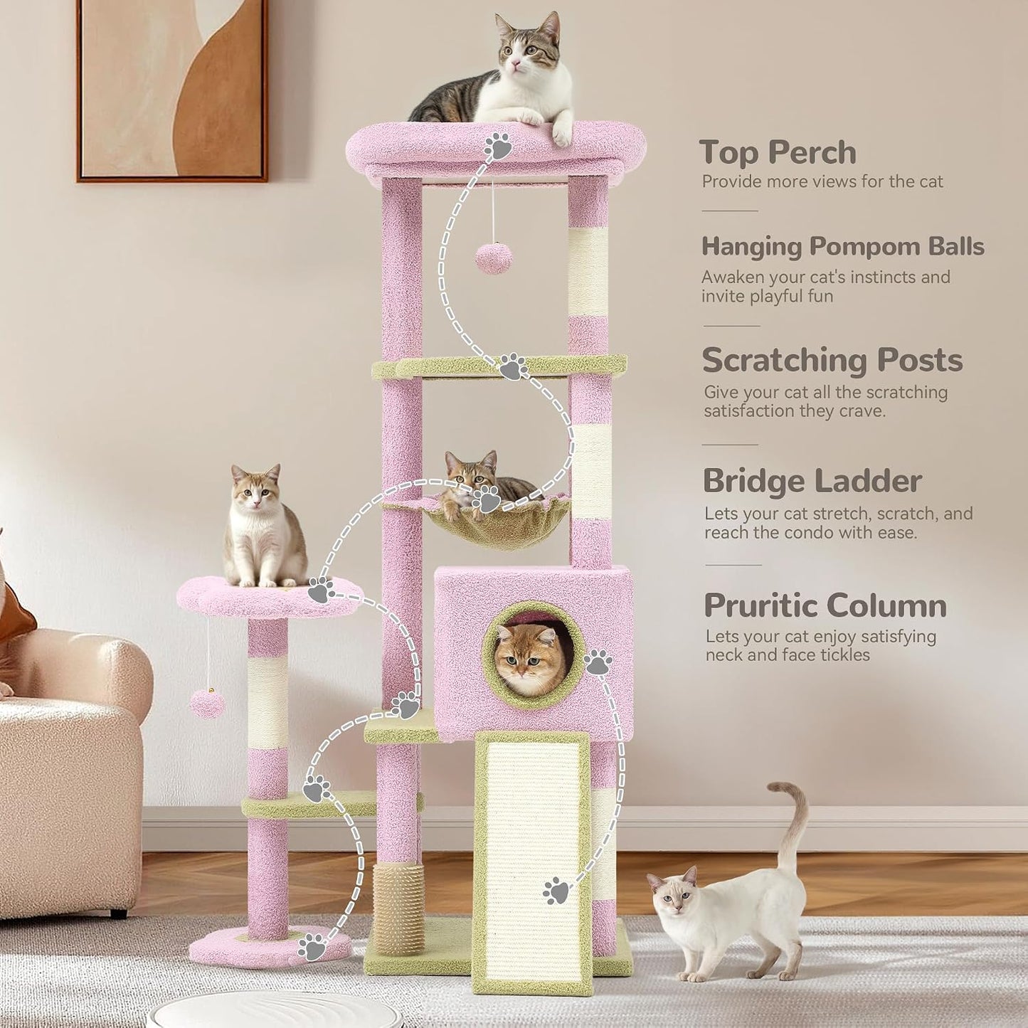 YITAHOME 61" Flower Cat Tree, Cat Tree Cute with Large Metal Frame Hammock, Silicone Tickling Column, Cat Scratched Board, 3 Sisal Scratching Posts, Aesthetic Cat Tower with Condo and Perches
