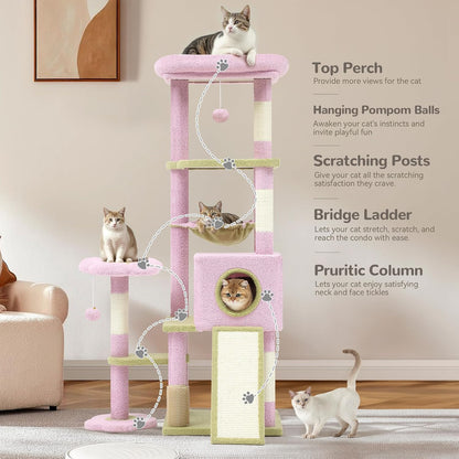YITAHOME 61" Flower Cat Tree, Cat Tree Cute with Large Metal Frame Hammock, Silicone Tickling Column, Cat Scratched Board, 3 Sisal Scratching Posts, Aesthetic Cat Tower with Condo and Perches