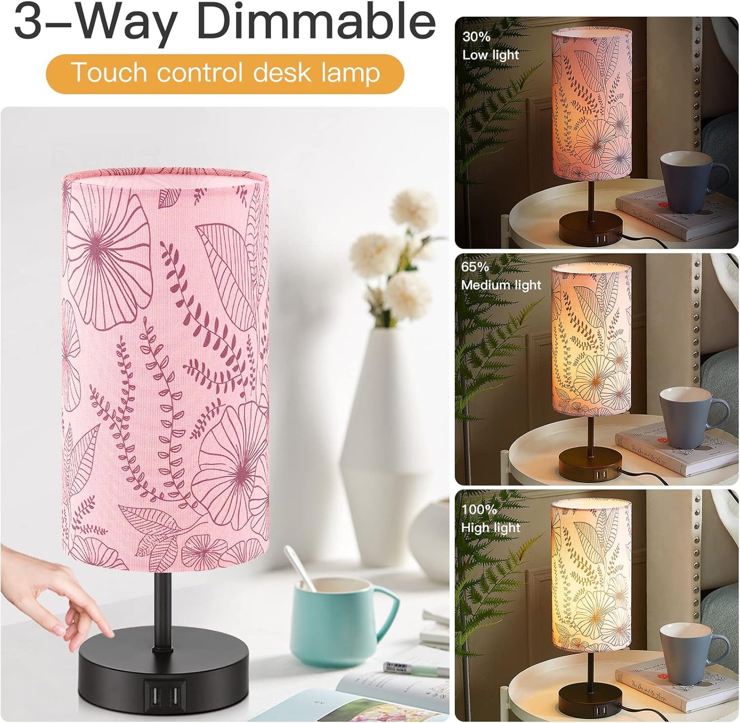 CINSARY Touch Control Bedside Lamp with 2 USB Ports, 3-Way Dimmable Table lamp for Bedroom, Nightstand Lamp with Round Pink Flower Fabric Shade for Living Room Home Office (E26 LED Bulb Included)