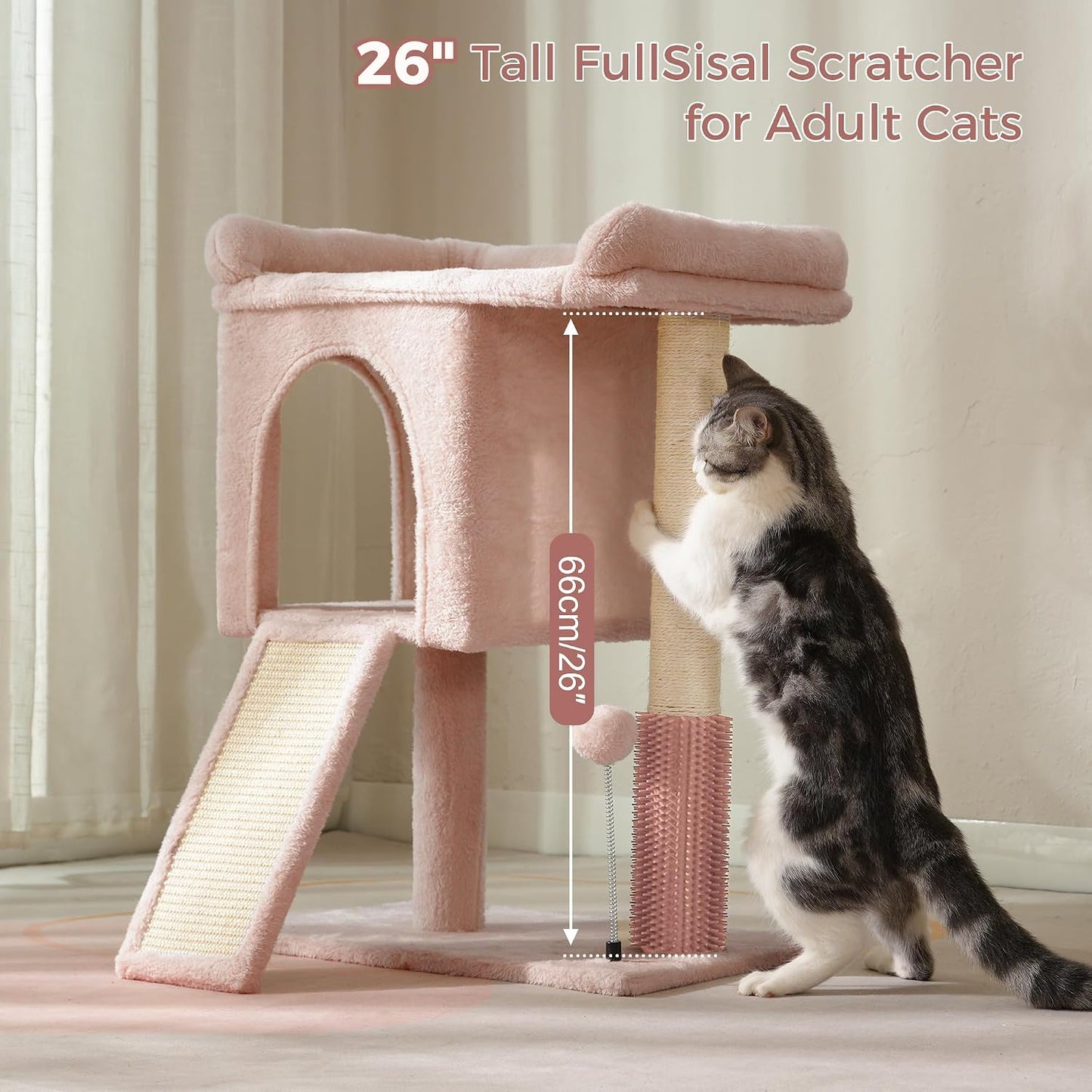 Pink Cat Tree Tower for Small and Medium Cats with Large Top Bed 20x13.8”Private Cat Condo,Sisal Scratching Post and Ramp and Self Groomer and Spring Ball-Pink