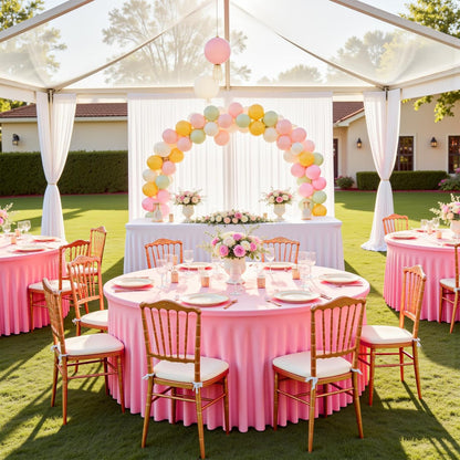 4 Pack Pink 60 inch Round Spandex Tablecloth,Wrinkle-Free Stretchy Fitted 5FT Round Tables,Elastic Edge with Skirt,Washable Tablecloths for Wedding Banquet Party Birthday Buffet