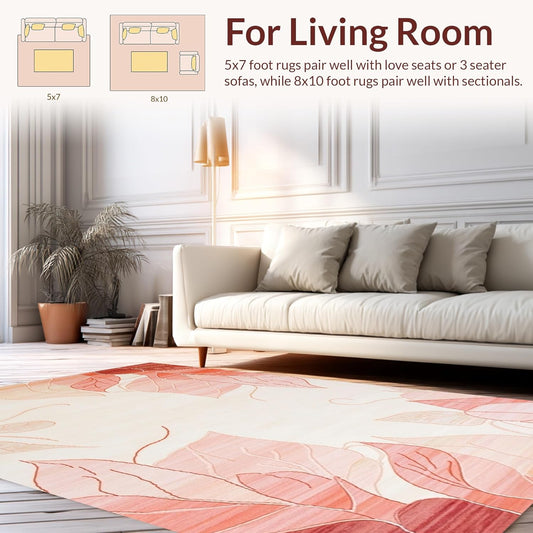 Flatwoven High Traffic Area Rug 4x6, Abstract Floral Motif Rug with Layered Petal Shapes and Subtle Ombre Effect, Non Slip, Stain Resistant, Washable Area Rugs for Living Room, Bedroom (Peach, 4x6)