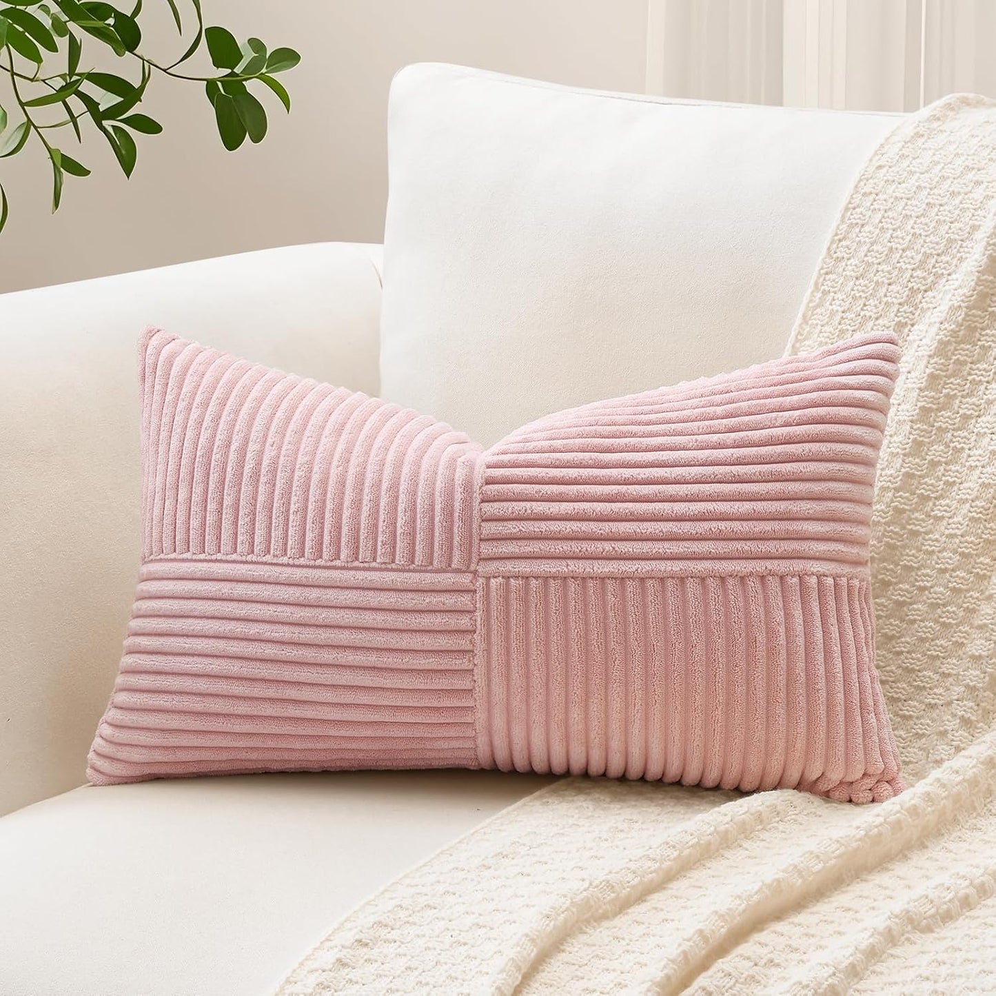 OTOSTAR Set of 1 Decorative Throw Pillow Cover Soft Corduroy Solid Lumbar Pillow Cases Farmhouse Boho Striped Cross Patchwork Textured Cushion Cover for Sofa Car Bed Living Room 12x20 Inch, Pink