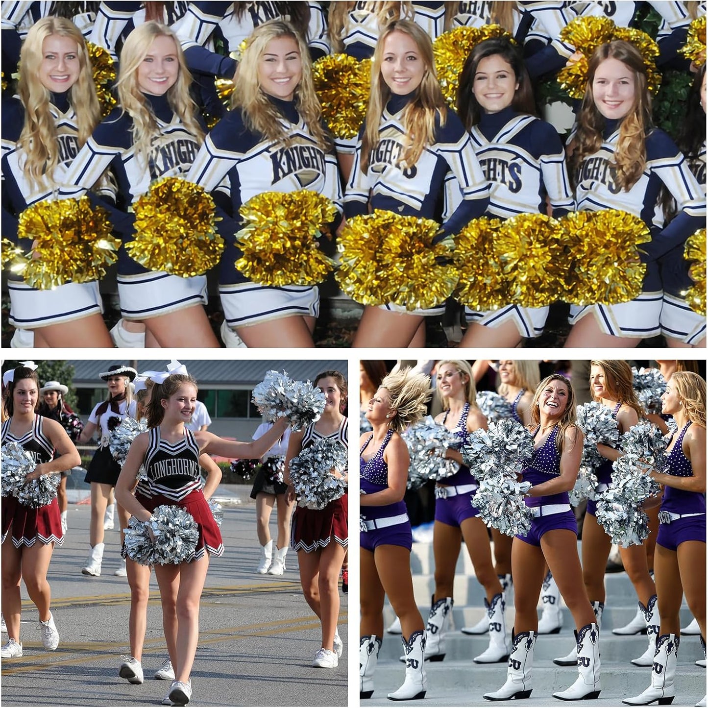 6Pcs Cheerleading Pom Poms Matte Metallic Foil Cheer Pompoms with Baton Handle, Kids Adults Team Spirit Cheering Stuff for Sports Games Carnival