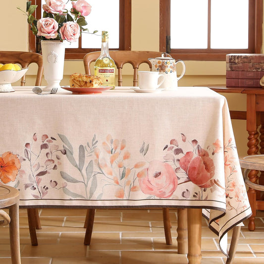 bilin gaier Designer French Rectangular Linen Tablecloth,71"x55"-Sloosa | Vintage Elegant Pink Table Cloth Rectangle Table,Floral Pattern,Decoration,Dining Room,Tea Party,Kitchen,Thanksgiving