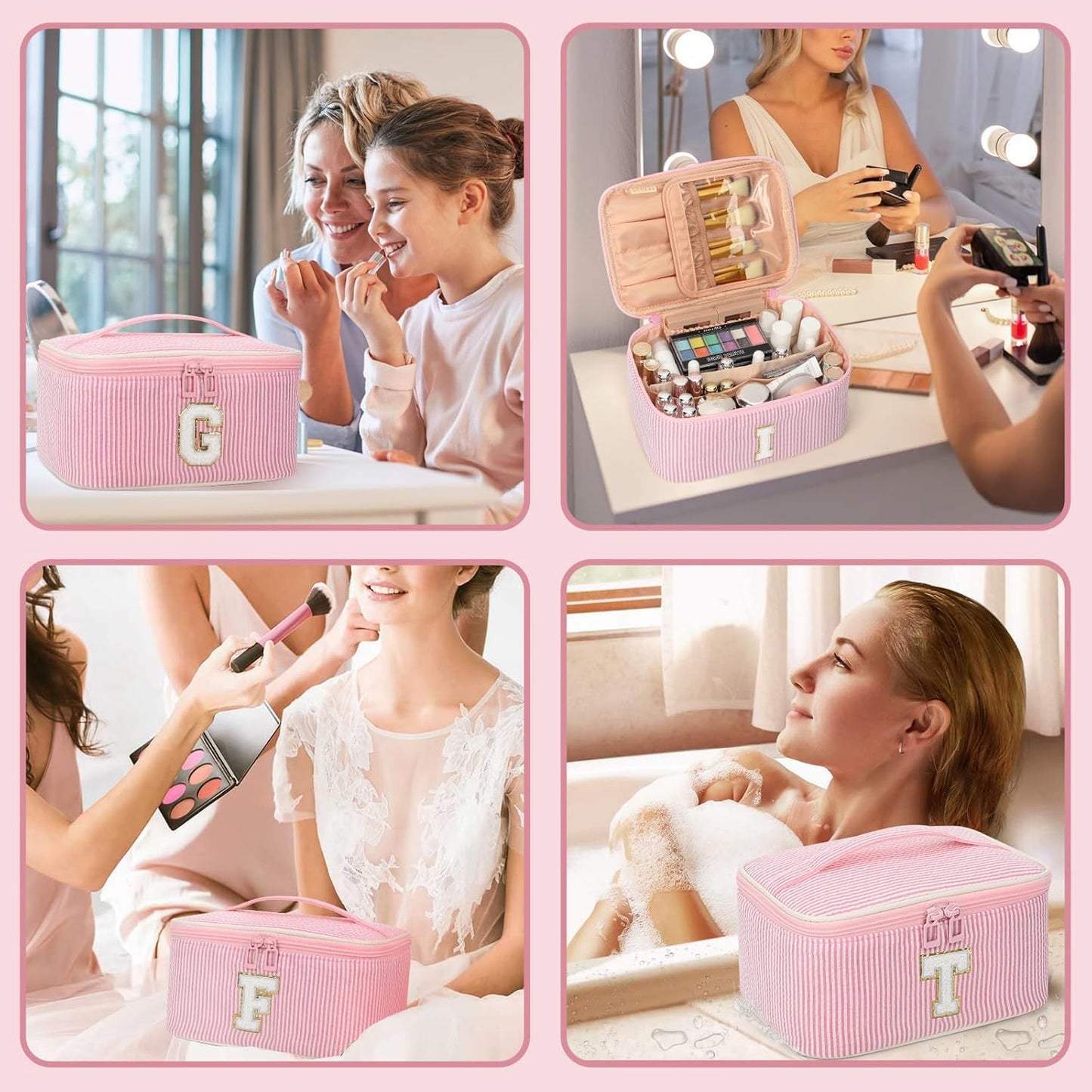 OCHEAL Makeup Bag for Women, Monogram Cosmetic Bag Pink Travel Makeup Case Beauty Toiletry Bag Organizer Personalized Gifts for Girls Bridesmaid, Sister, Wife, Friends Initial A