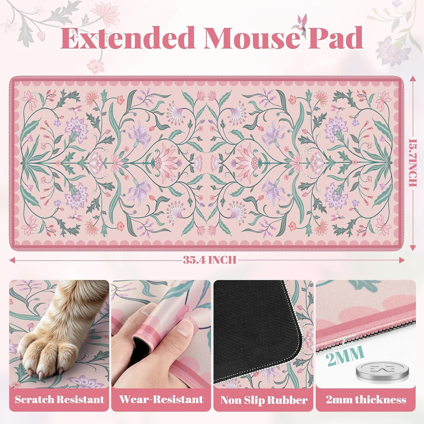 iLeadon Desk Mat Pink, Large Floral Mouse Pad for Desks with Smooth Lycra Surface, Long Full Desk Mouse Cushion for Laptop, Keyboard Mat for Office, Home, Light Pink