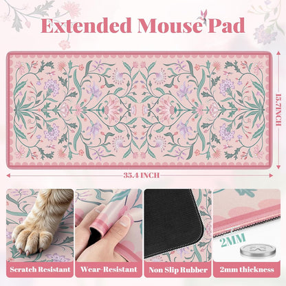 iLeadon Desk Mat Pink, Large Floral Mouse Pad for Desks with Smooth Lycra Surface, Long Full Desk Mouse Cushion for Laptop, Keyboard Mat for Office, Home, Light Pink