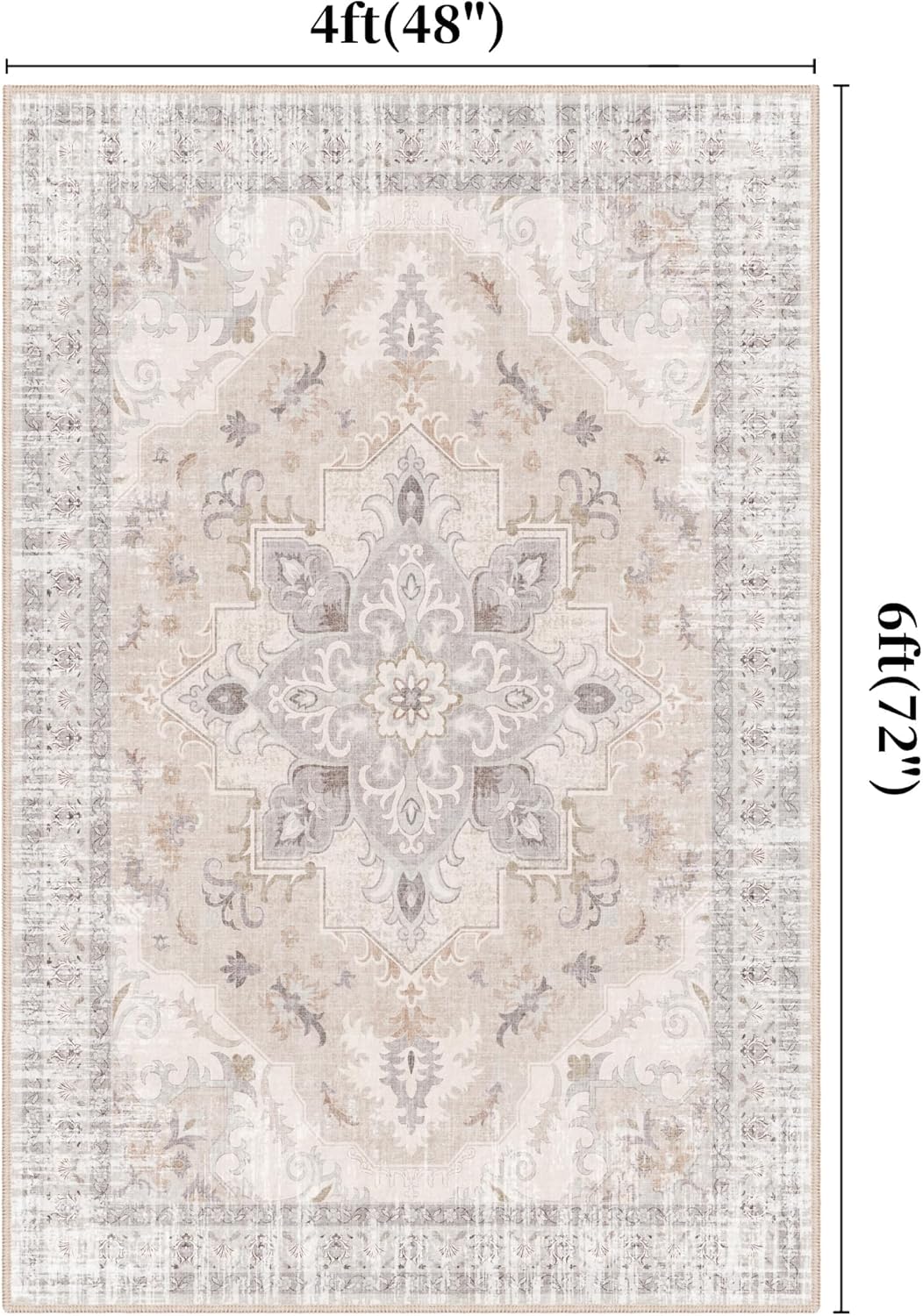 4x6 Bedroom Rug, Soft Non-Slip Vintage Medallion Rug, Low-Pile Printed Indoor 4x6 Washable Area Rugs for Living Room, Bedroom Bedside -Light Blush/Cream