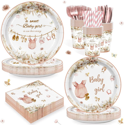 168Pcs Pink Baby Girl Shower Party Supplies Serves 24 Guests, Boho Floral Baby Shower Tableware Set, A Sweet Girl is on Her Way Gender Reveal Decorations Paper Plates Napkins Cups Cutlery