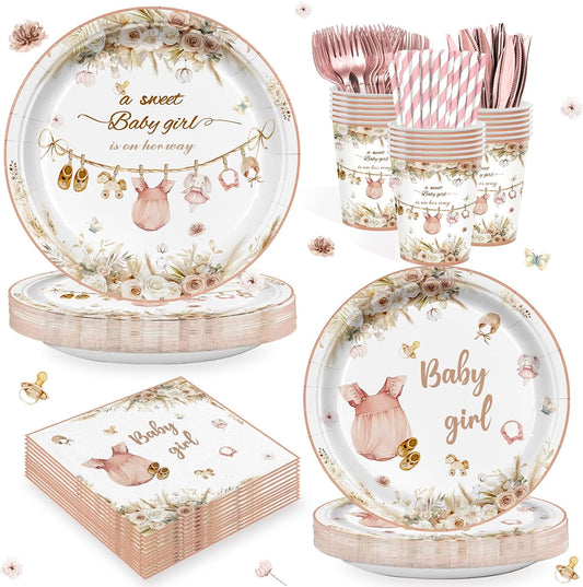 168Pcs Pink Baby Girl Shower Party Supplies Serves 24 Guests, Boho Floral Baby Shower Tableware Set, A Sweet Girl is on Her Way Gender Reveal Decorations Paper Plates Napkins Cups Cutlery