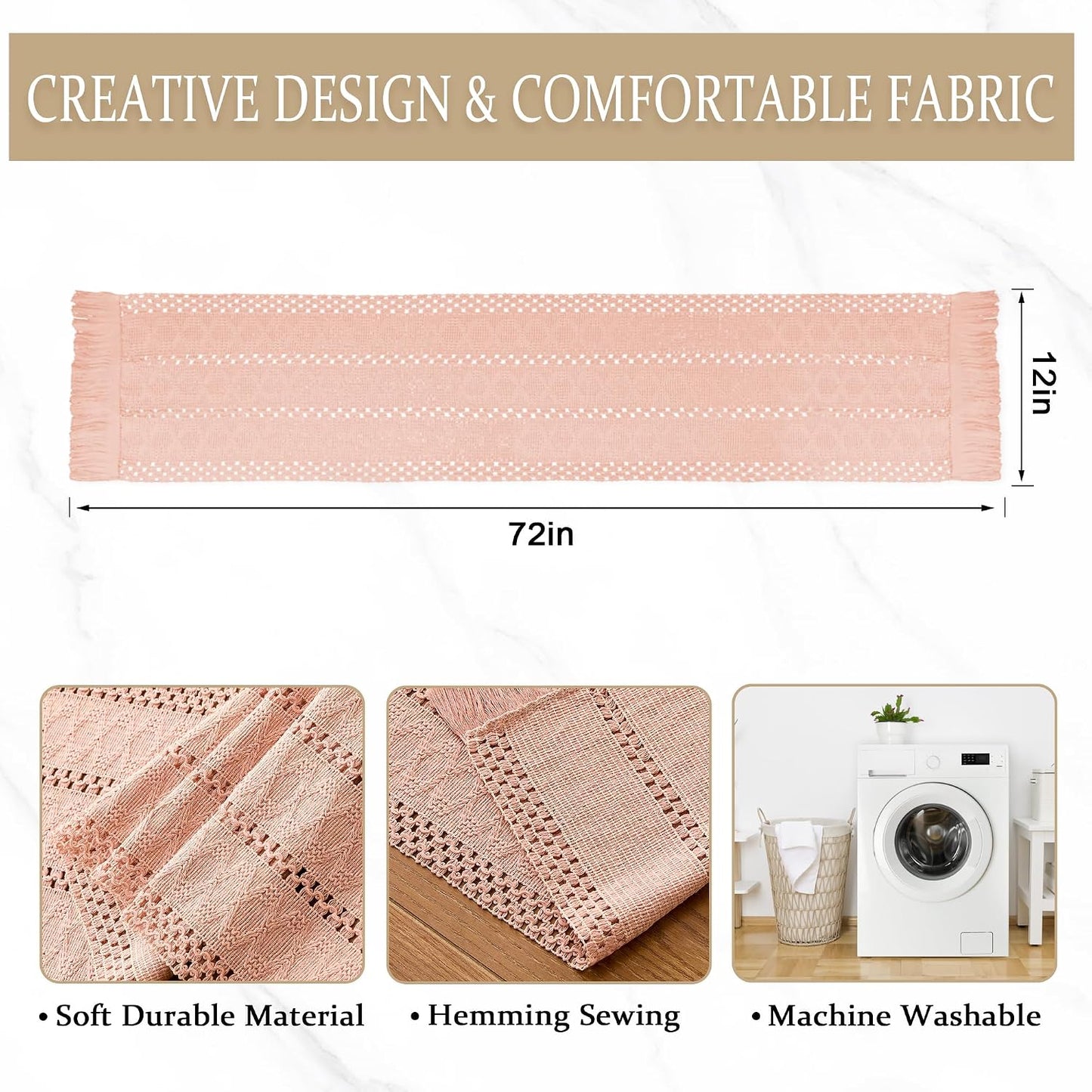 SITUMEIZI Pink Macrame Boho Table Runner with Tassels Woven Rustic Farmhouse Table Runner for Kitchen Dining 71 Inches