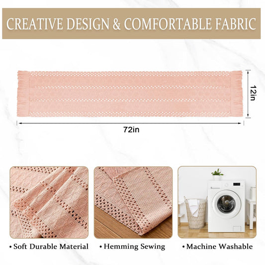 SITUMEIZI Pink Macrame Boho Table Runner with Tassels Woven Rustic Farmhouse Table Runner for Kitchen Dining 71 Inches