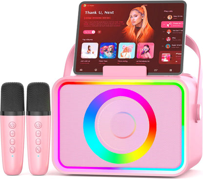 Karaoke Machine,Portable Bluetooth Speaker with 2 Wireless Microphone for Adults & Kids with LED Lights, Karaoke Microphone with PA System Supports USB/TF/AUX,Gift for Party (Pink)