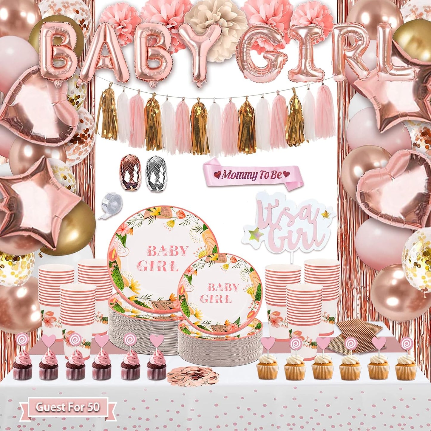 Guudmua 301Pcs Baby Shower Decorations For Girl, Girl Baby Shower Decorations Kits - Disposable Dinnerware Set With Pink Rose Gold Floral (50 Guest), "BABY girl" Banner, Balloon, Sash, Cake Topper