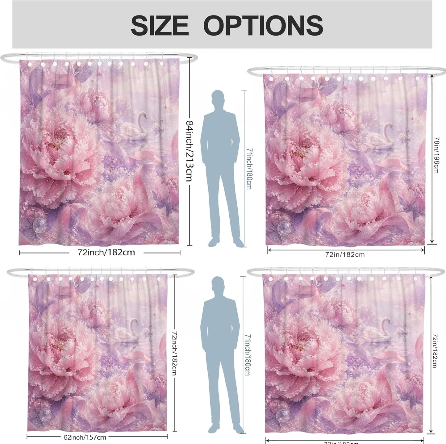Peony Shower Curtain, Romantic Elegant Ribbon Swan Spring Peach Waterproof Fabric Toile Cloth Shower Curtains for Bathroom Toile Guest Room Decor 72x72 Inch