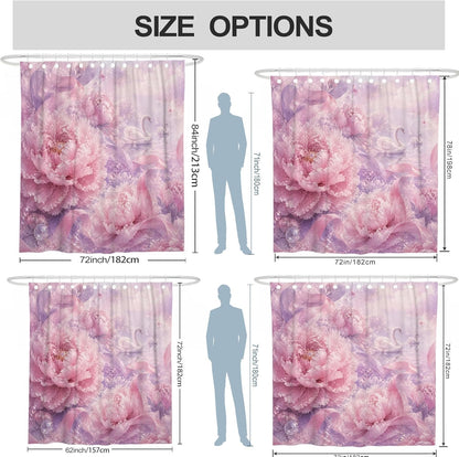 Peony Shower Curtain, Romantic Elegant Ribbon Swan Spring Peach Waterproof Fabric Toile Cloth Shower Curtains for Bathroom Toile Guest Room Decor 72x72 Inch