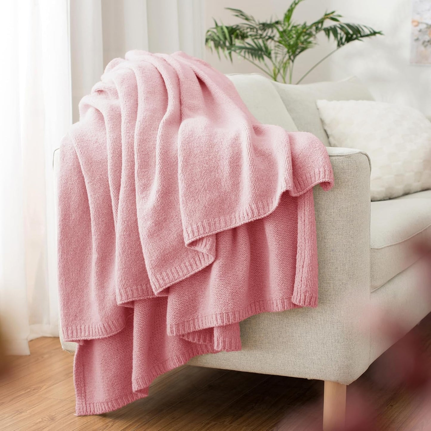 Carriediosa Wool Blend Knit Throw Blanket 50% Recycled Poly 50x60 Pink | Rib Knitted, Lightweight, Soft, Fuzzy, Cozy, Fluffy, Throws, Blankets, Bed Cover, For Couch, For Sofa