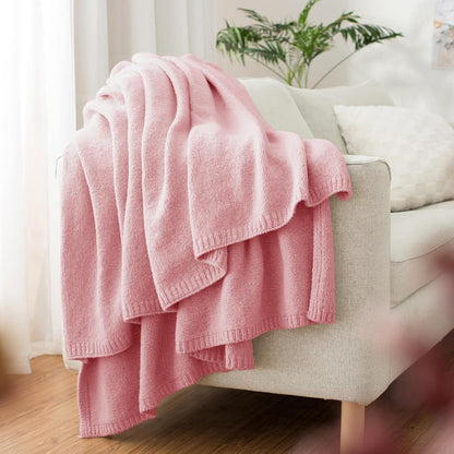 Carriediosa Wool Blend Knit Throw Blanket 50% Recycled Poly 50x60 Pink | Rib Knitted, Lightweight, Soft, Fuzzy, Cozy, Fluffy, Throws, Blankets, Bed Cover, For Couch, For Sofa