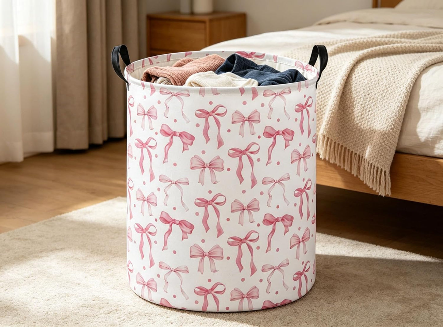 Girls Laundry Basket Pink Hamper for Nursery Bowkont Hamper Cute Storage Bin Organizer Room Decor for Home(Pink bowkont)