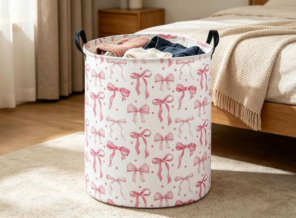 Girls Laundry Basket Pink Hamper for Nursery Bowkont Hamper Cute Storage Bin Organizer Room Decor for Home(Pink bowkont)