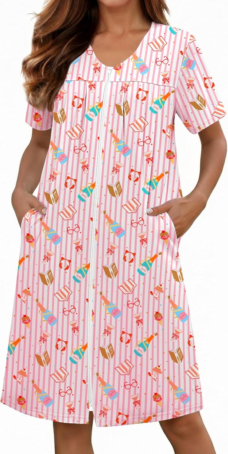 Ekouaer Zipper Robes for Women Short Knit Bathrobes Lightweight Knee Length Housecoat with Pockets Nightgown S-3XL