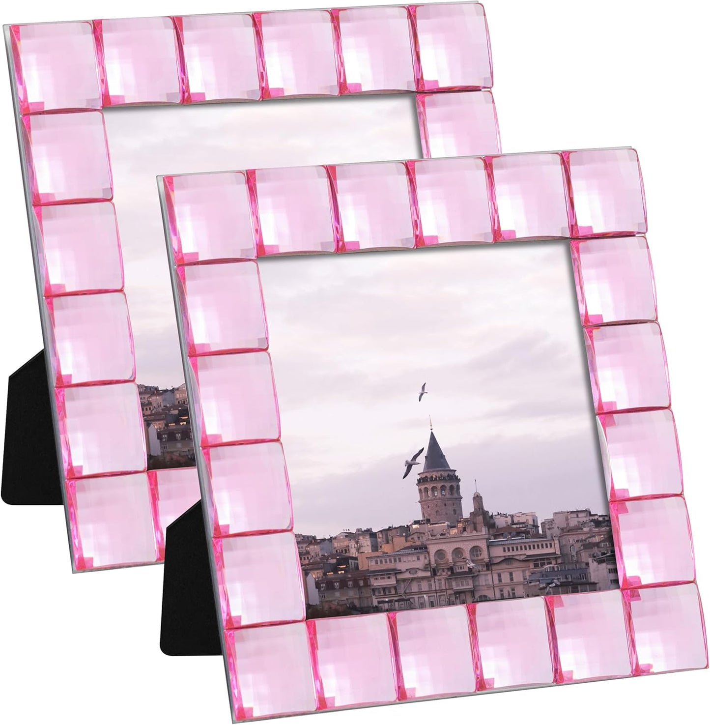 eletecpro 4x4 Cute Jewel Picture Frame with Real Glass and Pink Acrylic Adorned, Kids Room Decor Display Square Photos for Wall Mounting and Tabletop, Set of 2