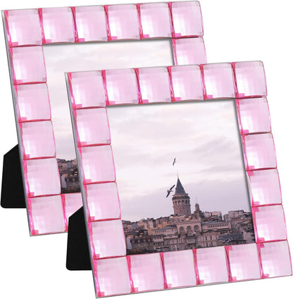 eletecpro 4x4 Cute Jewel Picture Frame with Real Glass and Pink Acrylic Adorned, Kids Room Decor Display Square Photos for Wall Mounting and Tabletop, Set of 2