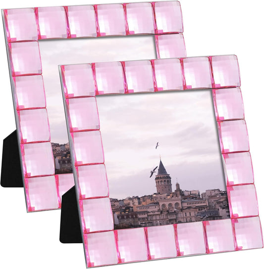 eletecpro 4x4 Cute Jewel Picture Frame with Real Glass and Pink Acrylic Adorned, Kids Room Decor Display Square Photos for Wall Mounting and Tabletop, Set of 2