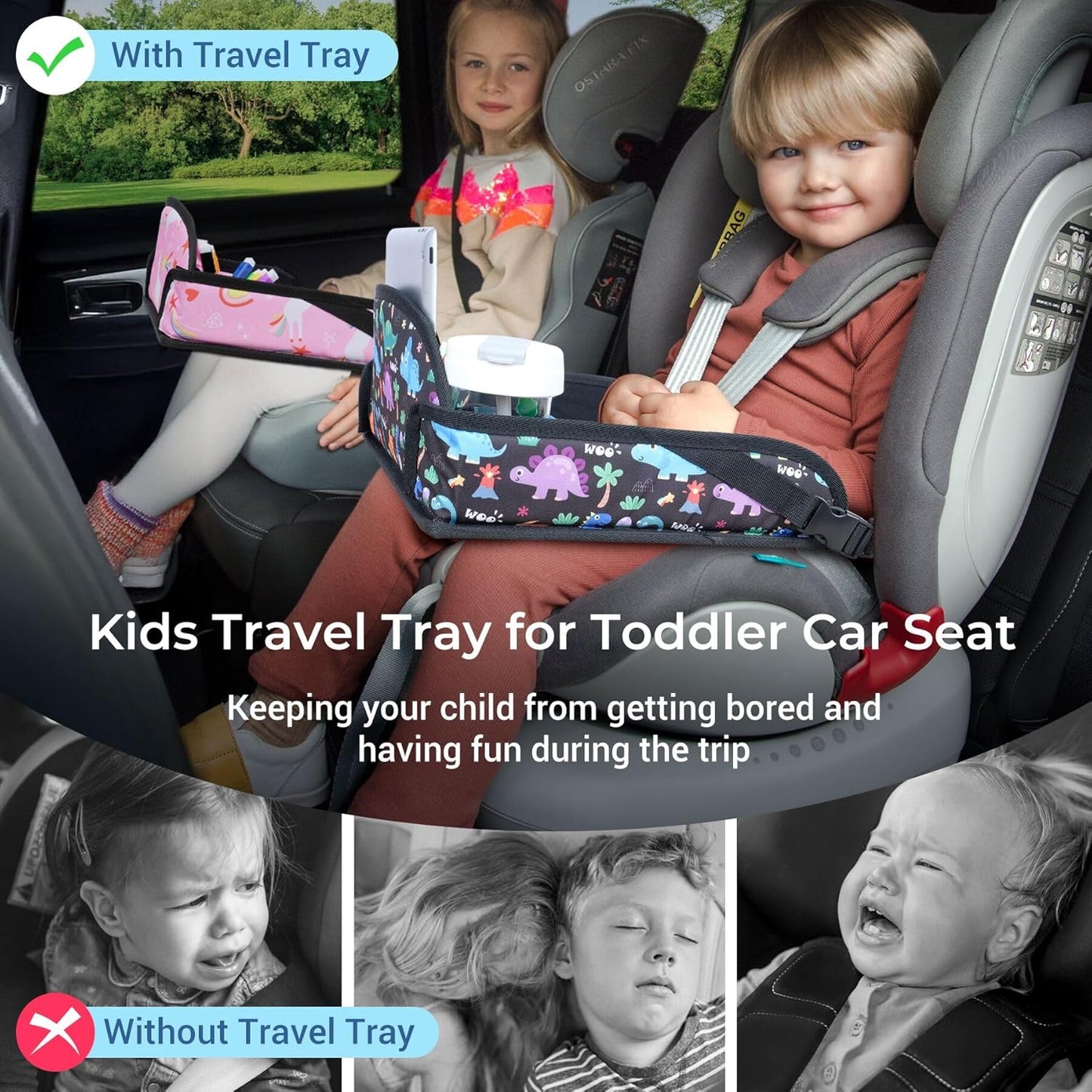 COOLBEBE Kids Travel Tray for Toddler Car Seat, 2PCS Travel Tray for Airplane, Lap Tray, Carseat Table Tray for Kids Travel Activities, Dinosaur & Pink Unicorn