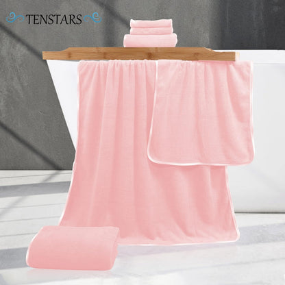 TENSTARS Luxury Silk Hemming Towel Set - Light Thin Quick Drying - 2 Bath Towels 2 Hand Towels 2 Washcloths - Ultra Soft Microfiber Towel for Bath Fitness, Sports, Yoga, Travel (Pink 6 Pieces)
