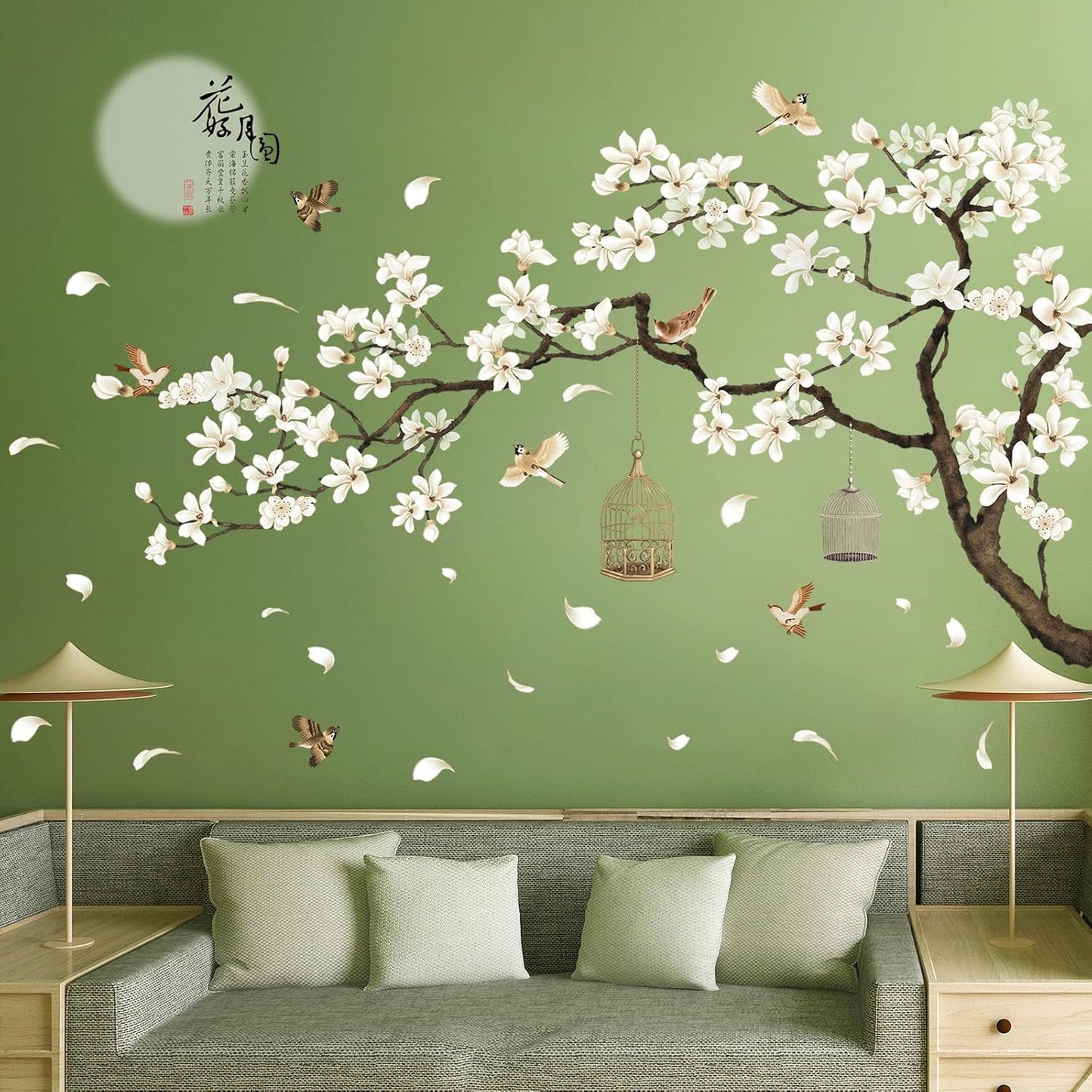 LiveGallery White Peach Blossm Flowers Wall Stickers Chinese Style Tree Branches Wall Decals Removable DIY Ancient Poems Petal Moon Birdcage Wall Art Murals for Girls Bedroom TV Background (Right)