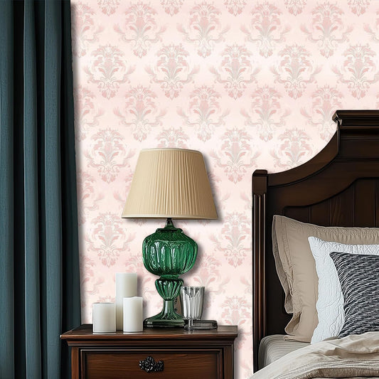 HOMETITUTE Wallpaper Peel and Stick Soft Pink Classic Damask Contact Paper Wall Paper Stick 17.7" x 118.1" Self Adhesive Removable Vinyl Wall Covering Bedroom Kitchen Bathroom Home Decor