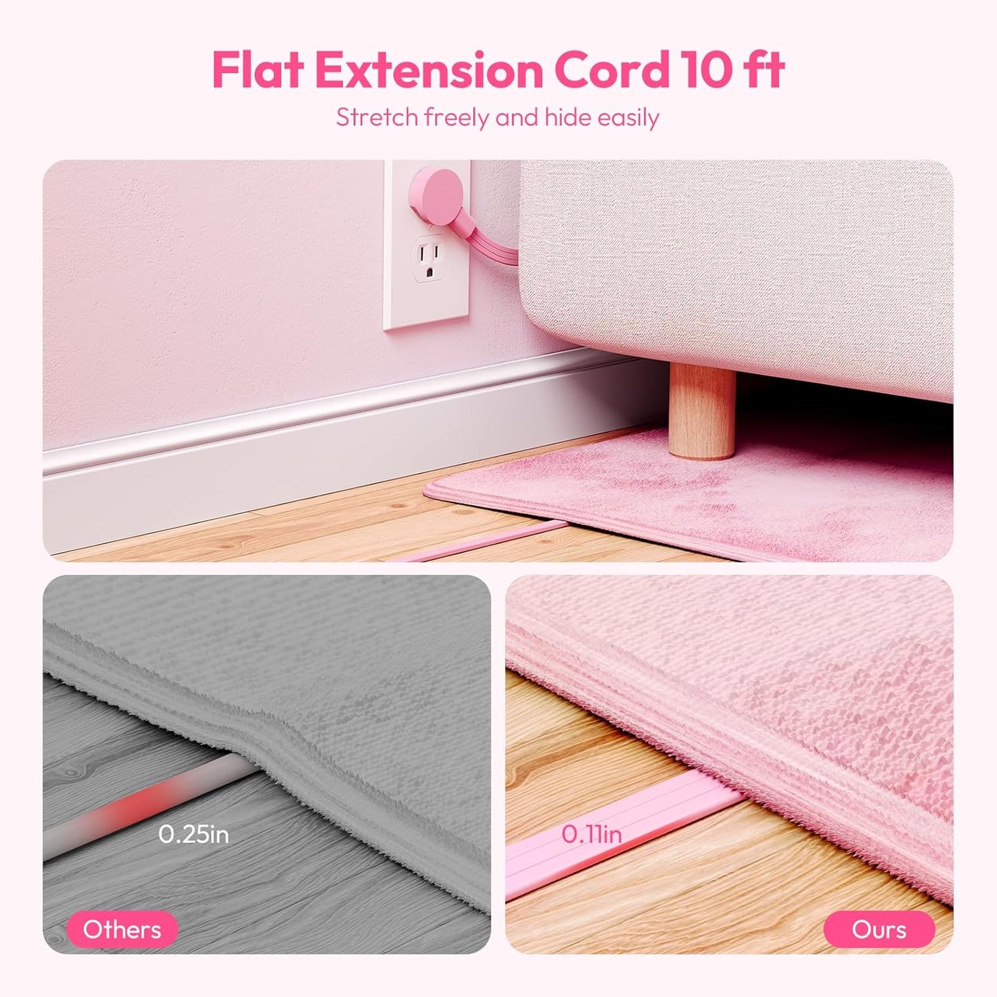 NTONPOWER Pink Extension Cord 10 ft, 1080 Joules Surge Protector Power Strip with 6 Widely Outlets 3 USB (1 USB C), Flat Plug Extension Cord Power Strip Long Cord for Home Office Dorm Room Essentials