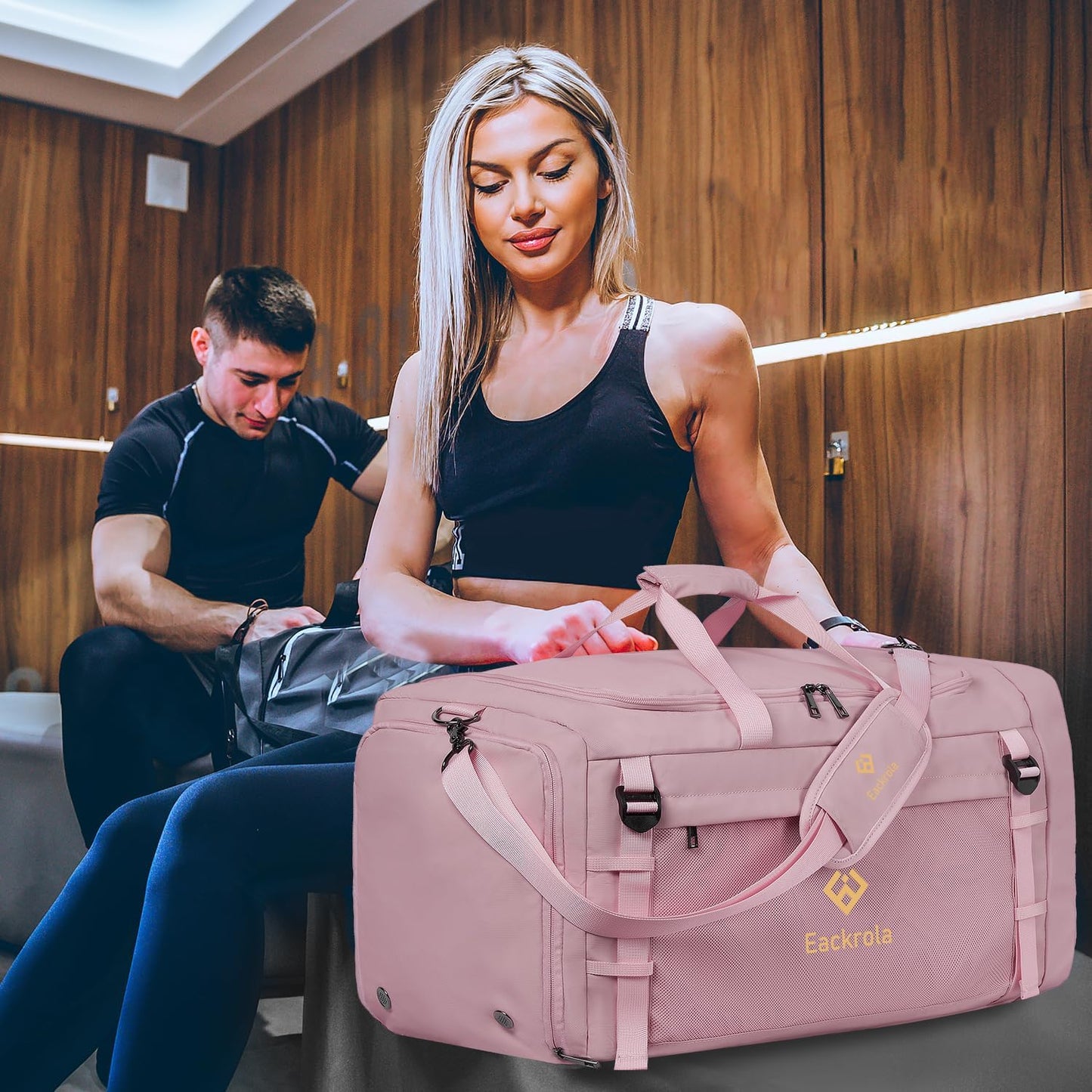 Large Sports Gym Bag, Travel Duffel bag with Wet Pocket & Shoes Compartment for men women, 65L, Lightweight（Pink）