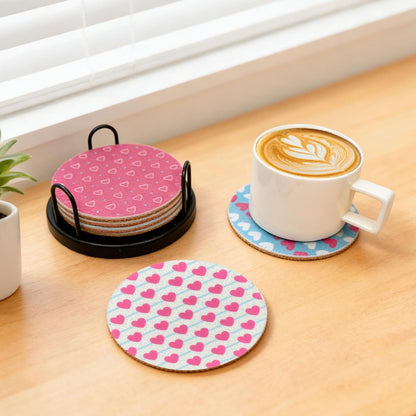 Pink & Mint Love Felt Coasters Set of 6, Round Absorbent Drink Coasters, Non-Slip Cork Backing, Removable Holder