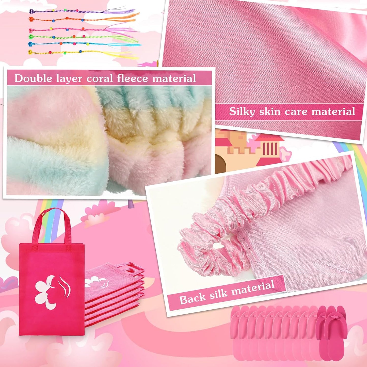 Suhine 6 Sets Girls Spa Birthady Party Supplies Birthday Print Satin Robe Tote Bags Spa Kit Nail Salon Kit(Pink Series)
