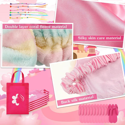 Suhine 6 Sets Girls Spa Birthady Party Supplies Birthday Print Satin Robe Tote Bags Spa Kit Nail Salon Kit(Pink Series)