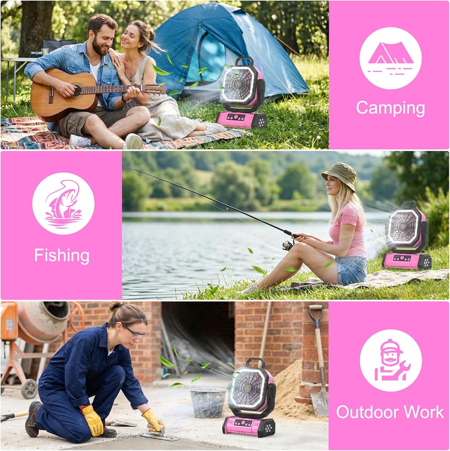 Honesorn Portable Fan Rechargeable 20000mAh, Camping Fan with LED Light & Remote, USB C Cordless Battery Powered, 4 Speeds Timer Hanging Hook for Travel Tent Outdoor Essentials - Pink