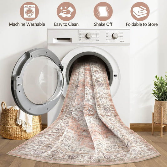 7x10 Area Rug Living Room: Washable Boho Large Neutral Vintage Soft Rug Stain Resistant Farmhouse Non-Slip Indoor Floor Retro Carpet for Bedroom Nursery Kids Office Dining Room- Pink Brown