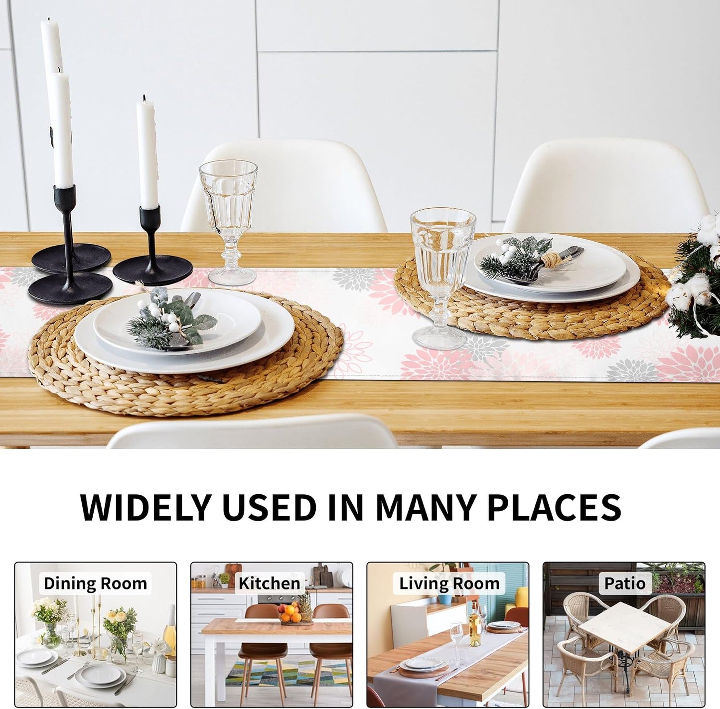 Dahlia Flower Table Runner 13x71 Inch Farmhouse Pink Gray Runners Modern Table Decorations Rustic Geometric Coffee Table Runner for Home Kitchen Dining Room Party (13"x71", Dahlia Floral-Pink)
