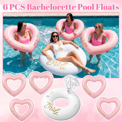 Thenshop 6 Pcs Bachelorette Pool Floats - 1 Diamond Ring & 5 Pink Heart Loungers - Inflatable Party Decorations for Bridal Shower, Engagement, Weddings - Photo Props for Bride & Bridesmaids
