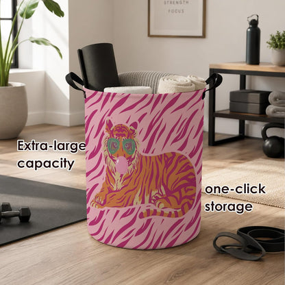 Trendy Pink and Orange Tiger Laundry Basket with Handles, Preppy Tiger with Sunglasses Laundry Hamper Waterproof Collapsible Clothes Toys Storage Organizer for Girls Dorm Bedroom Bathroom