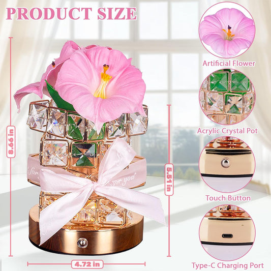 Flower Table Lamps, Rechargeable Cordless Crystal Night Light, 3 Colors Touch Dimming Artificial Flower Light, LED Flowers Bedside Lamp Romantic Gifts for Girl Women Mom (MF Morning Glory-Pink)