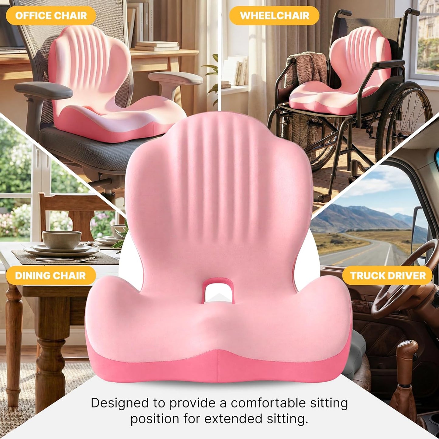 Ergonomic Seat Cushion, Office Chair Seat Cushions with L-Shaped Integrated Design, Memory Foam Orthopedic Cushion with Coccyx Hollow, Lumbar Support & Tailbone Pain Relief for Long Sitting (Pink)