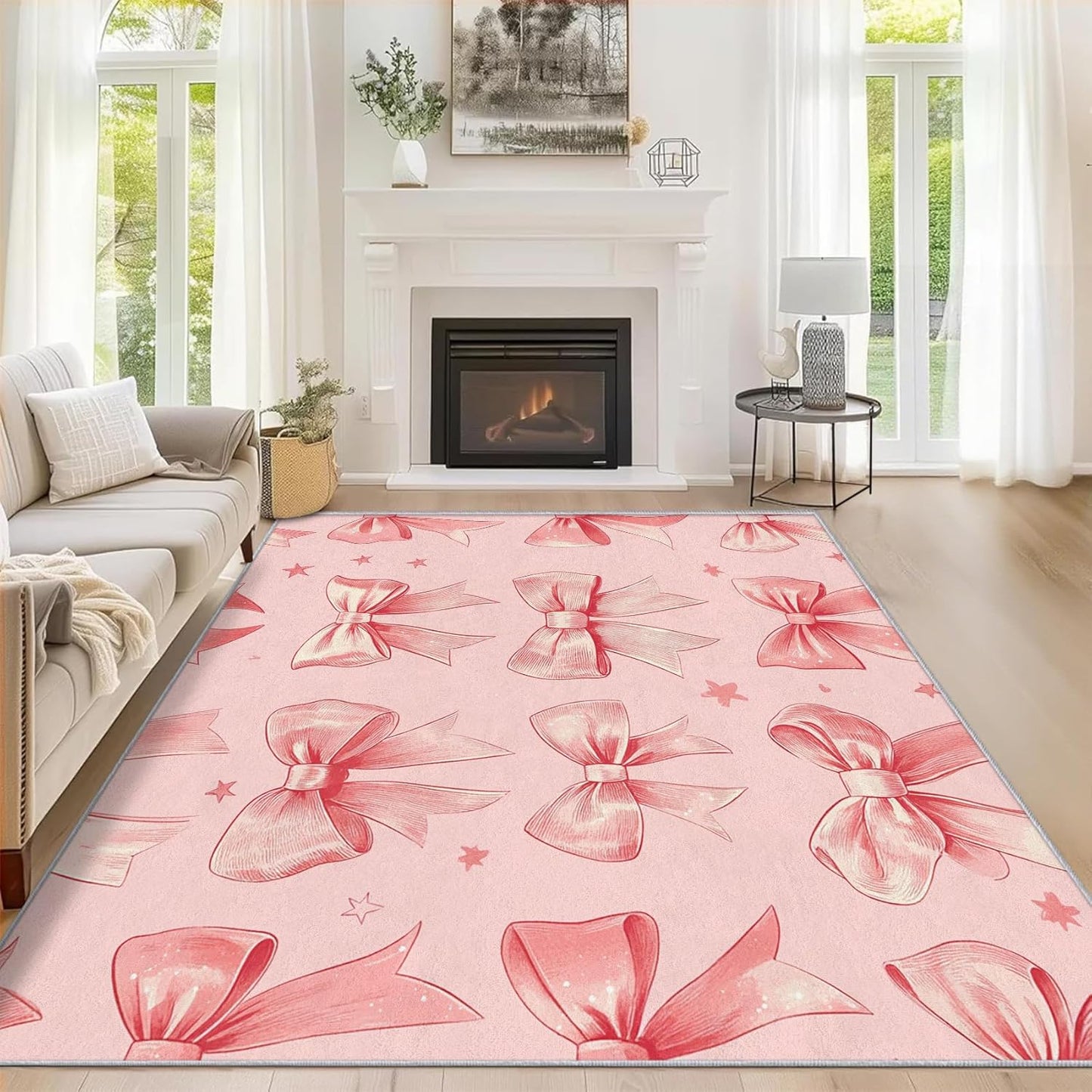 Peach Pink Bow Rug - Girly Kawaii Coquette Bow Rugs for Living Room, 6x6 Area Rugs for Bedroom Accessories, Washable Low Pile Non Slip Carpet, Girls Bowknot Home Decor ZcB7