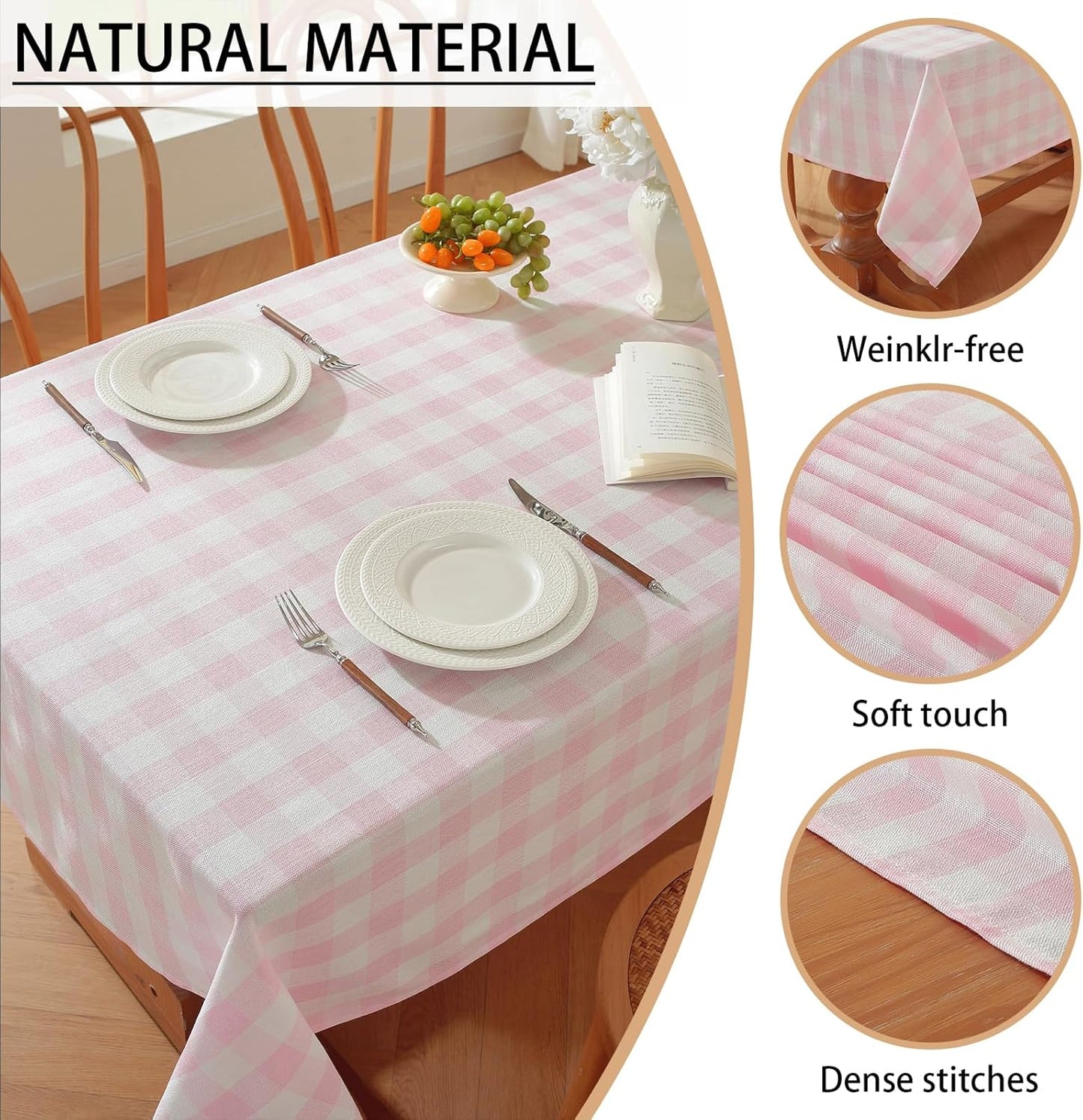 Gingham Tablecloth Rectangle Checkered Table Cloth Cotton Linen Fabric Wrinkle Free Washable Buffalo Plaid Table Cover for Kitchen Dining Picnic Camping, Pink and White, 55 * 70 inch