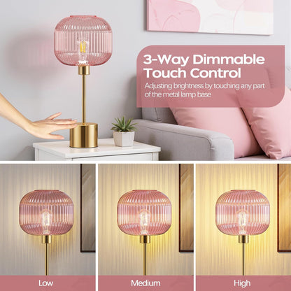 QiMH Glass Table Lamp for Living Room, Modern Bedside Lamp with Pink Ribbed Glass Shade, 3-Way Dimmable Touch Control Nightstand Lamp for Bedroom, Brushed Gold (2700K LED Bulb Included)